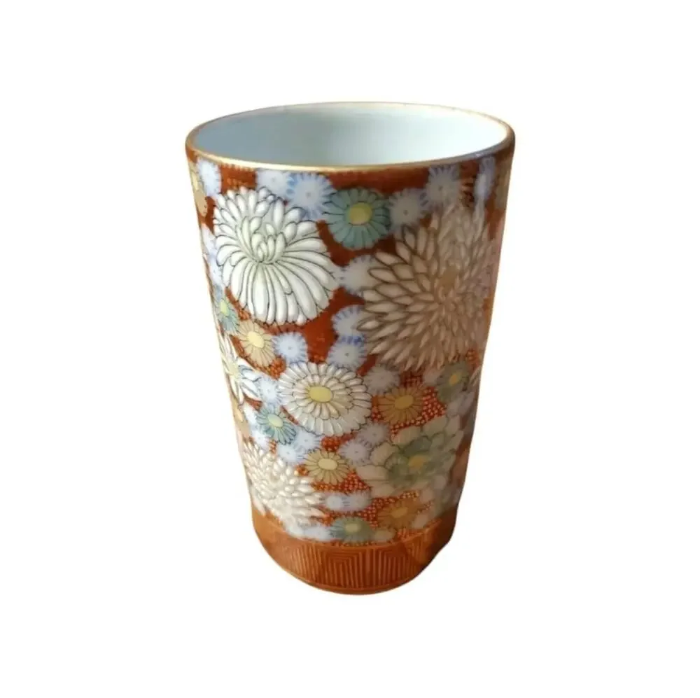 Handpainted Japanese Shoxan Kutani Ware Hanazumi Floral Cup Gold Trim
